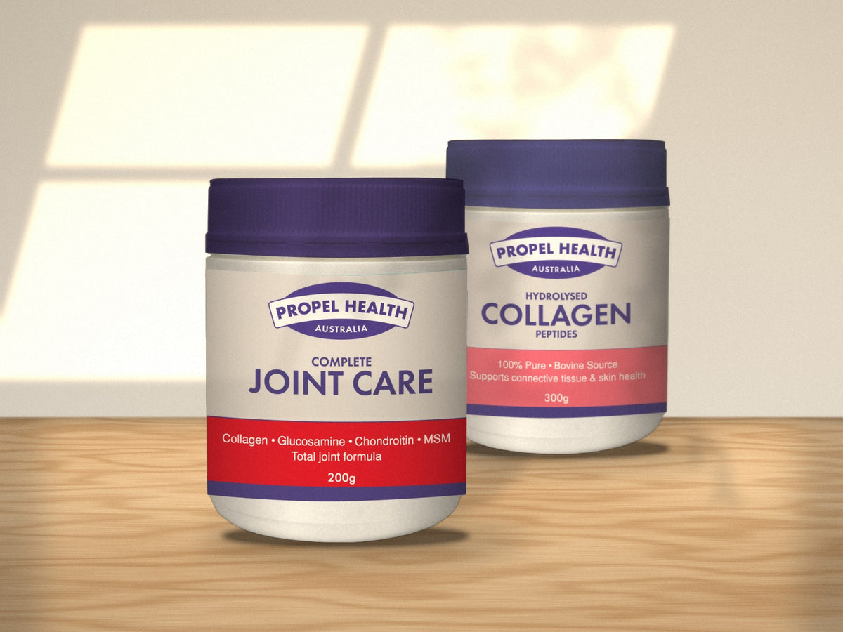 Propel Health Australia Complete Joint Care and Hydrolysed Collagen Peptides jars on an oak bench