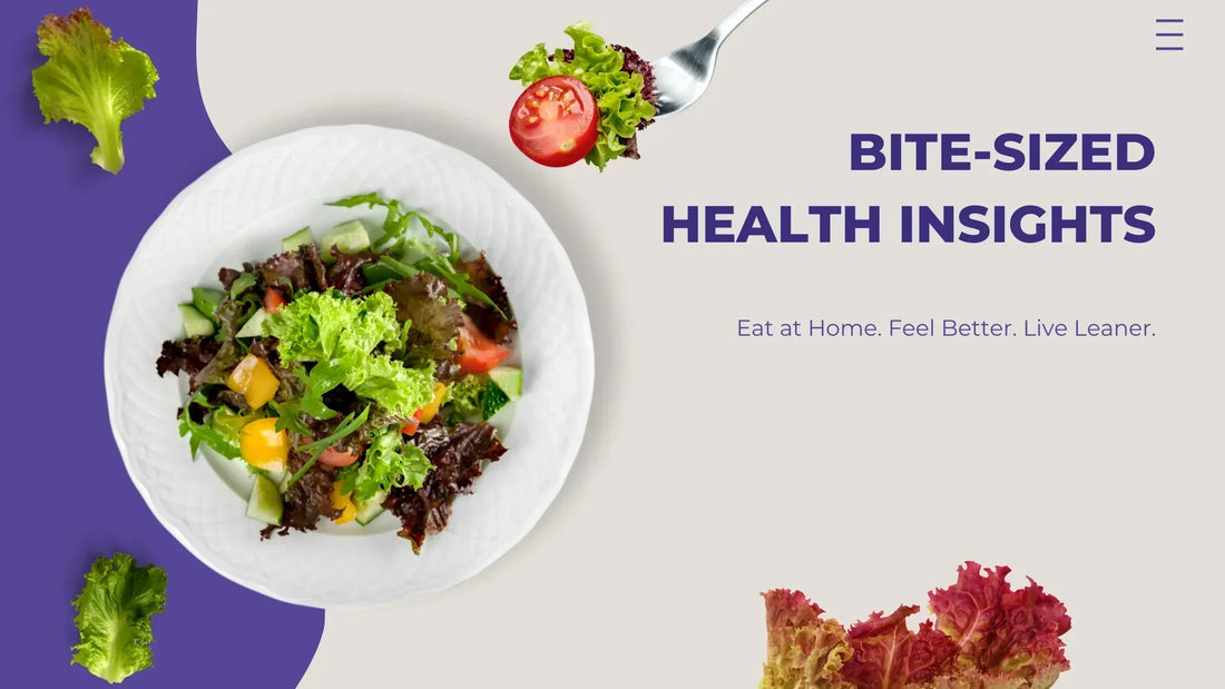 Top-down view of a fresh salad on a white plate with floating lettuce and tomato, next to the text 'Bite-Sized Health Insights – Eat at Home. Feel Better. Live Leaner.