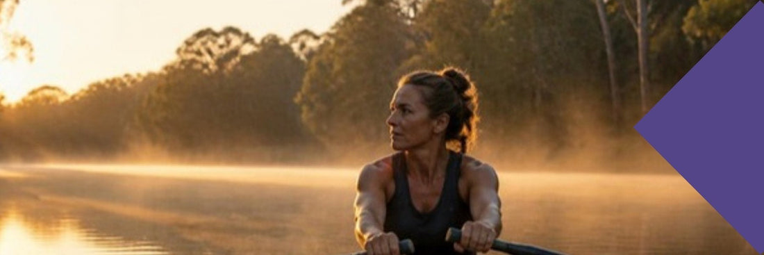 A masters rower in a single scull on a misty river at sunrise
