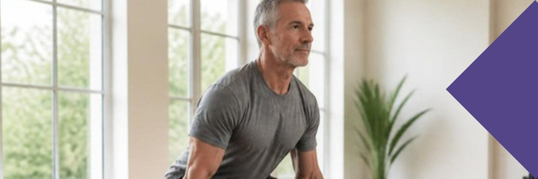 An older athlete lifting a trap bar deadlift in a bright training studio