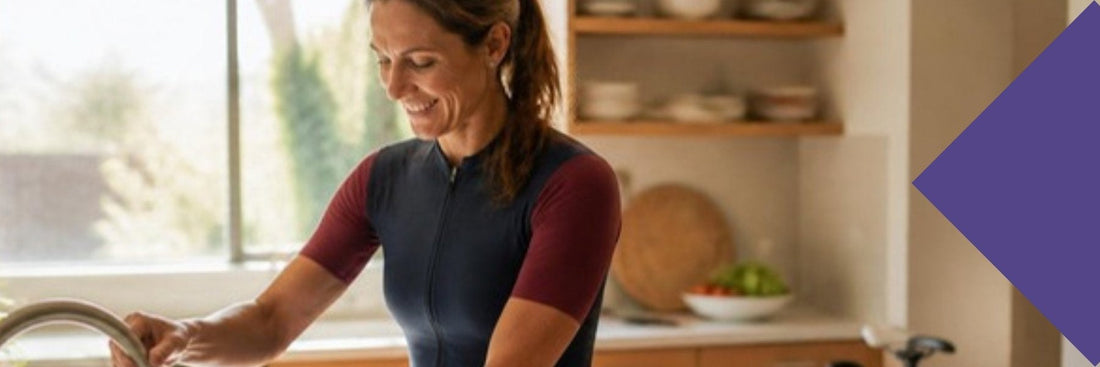 A triathlete filling a drink bottle in the kitchen before a morning ride