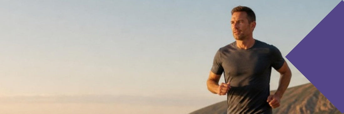Triathlon over 40: an age-group triathlete running a coastal path in morning light