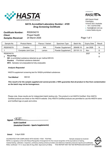 HASTA Tested Creatine Monohydrate certificate