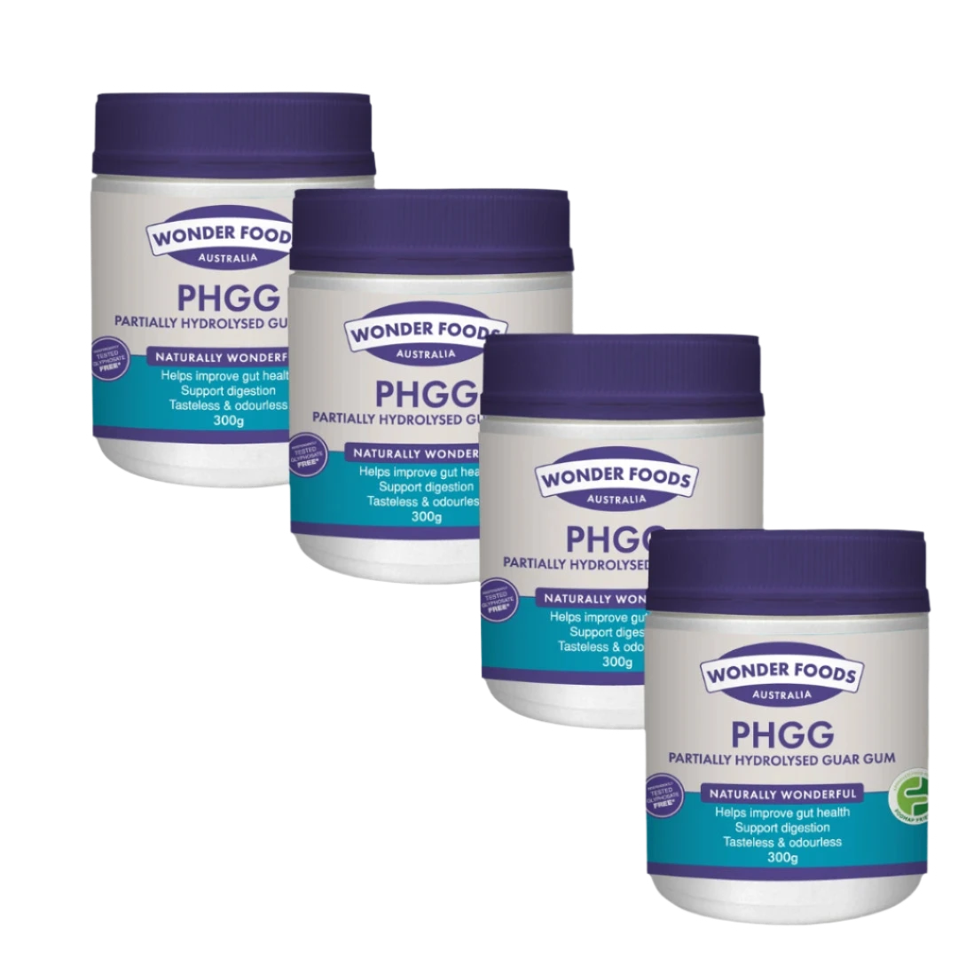 Four containers of Wonder Foods PHGG on a white background