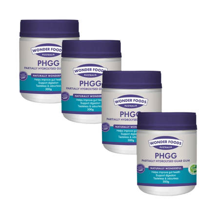 Four containers of Wonder Foods PHGG on a white background