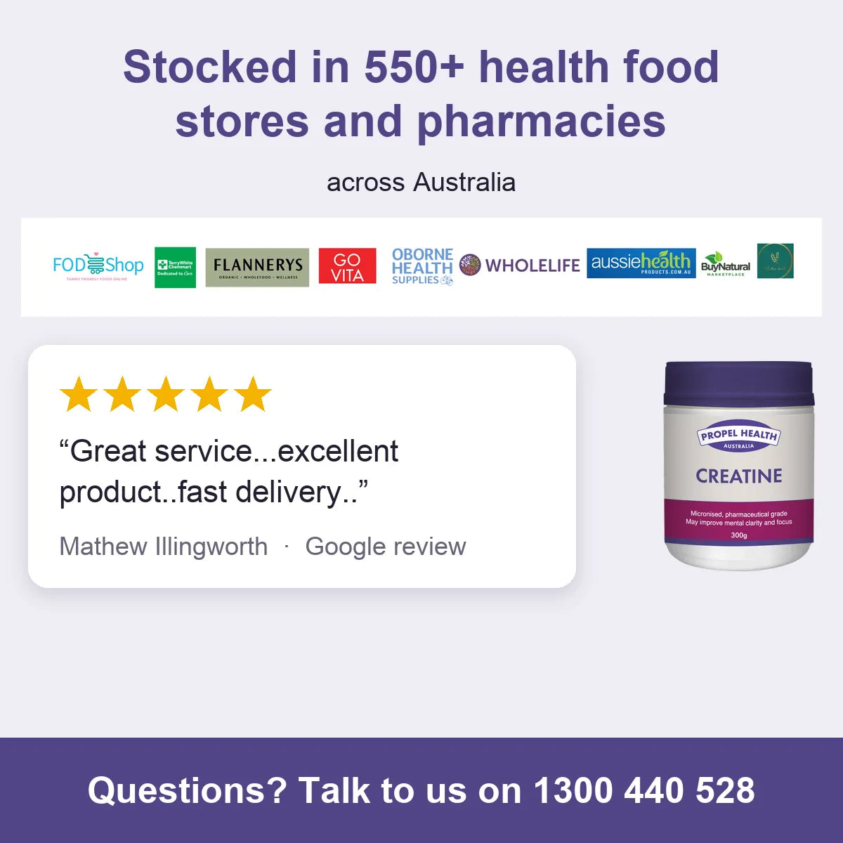 Creatine Monohydrate, stocked in 550+ health food stores and pharmacies, 5 star customer review