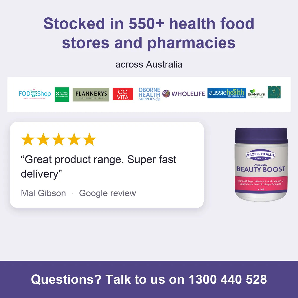 Collagen Beauty Boost, stocked in 550+ health food stores and pharmacies, 5 star customer review