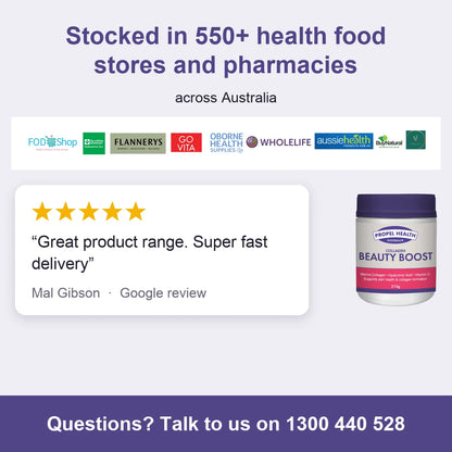 Collagen Beauty Boost, stocked in 550+ health food stores and pharmacies, 5 star customer review