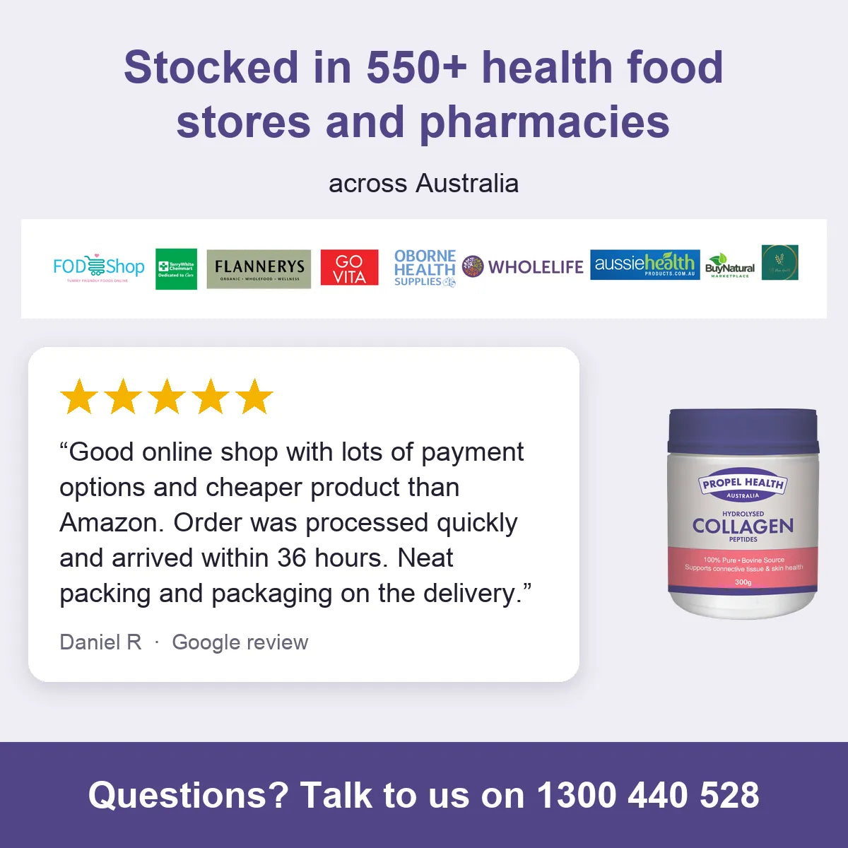 Collagen Protein Powder, stocked in 550+ health food stores and pharmacies, 5 star customer review