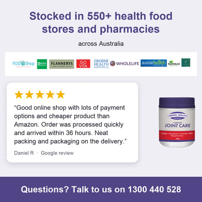 Complete Joint Care, stocked in 550+ health food stores and pharmacies, 5 star customer review