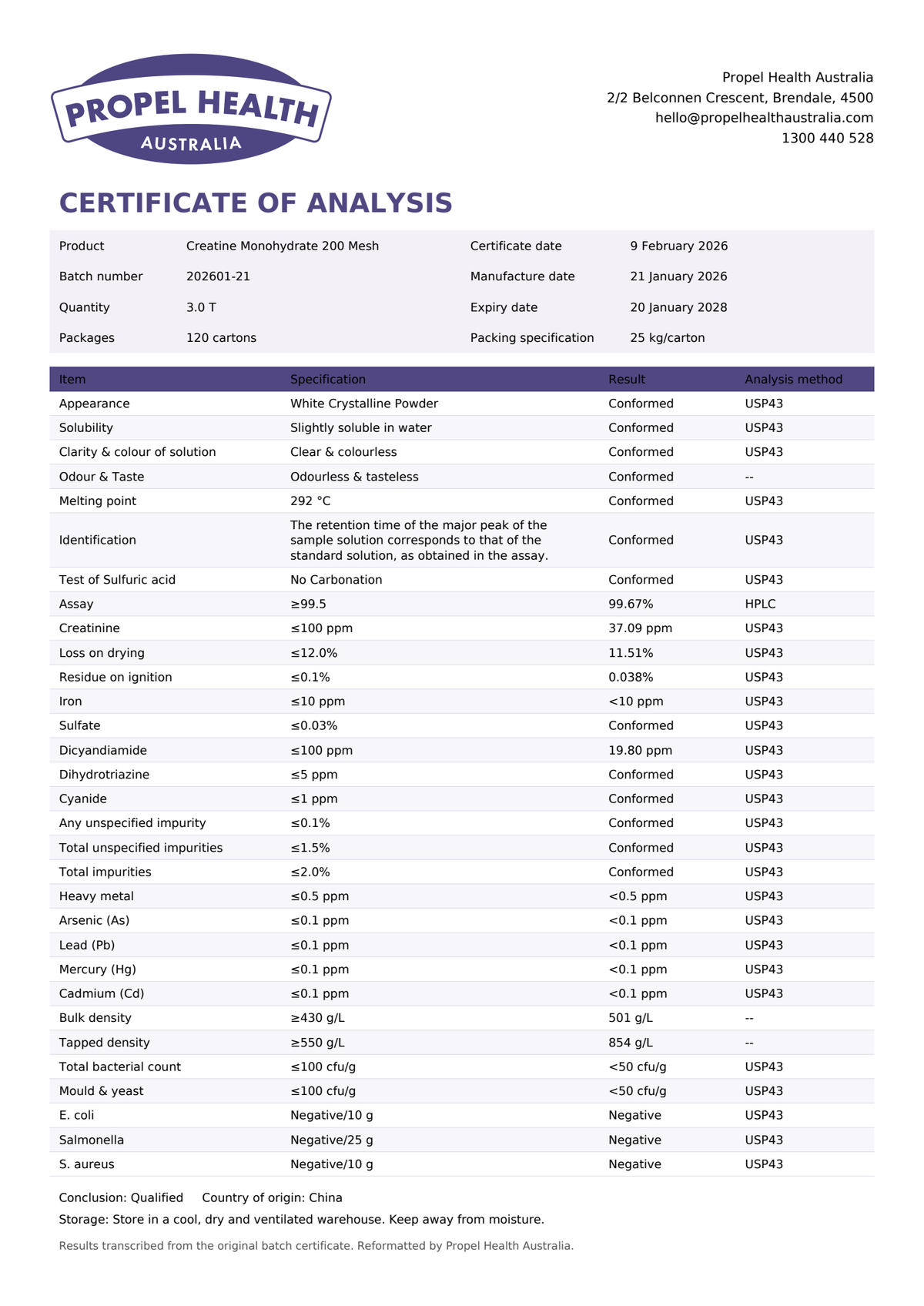Certificate of analysis, creatine monohydrate batch 202601-21