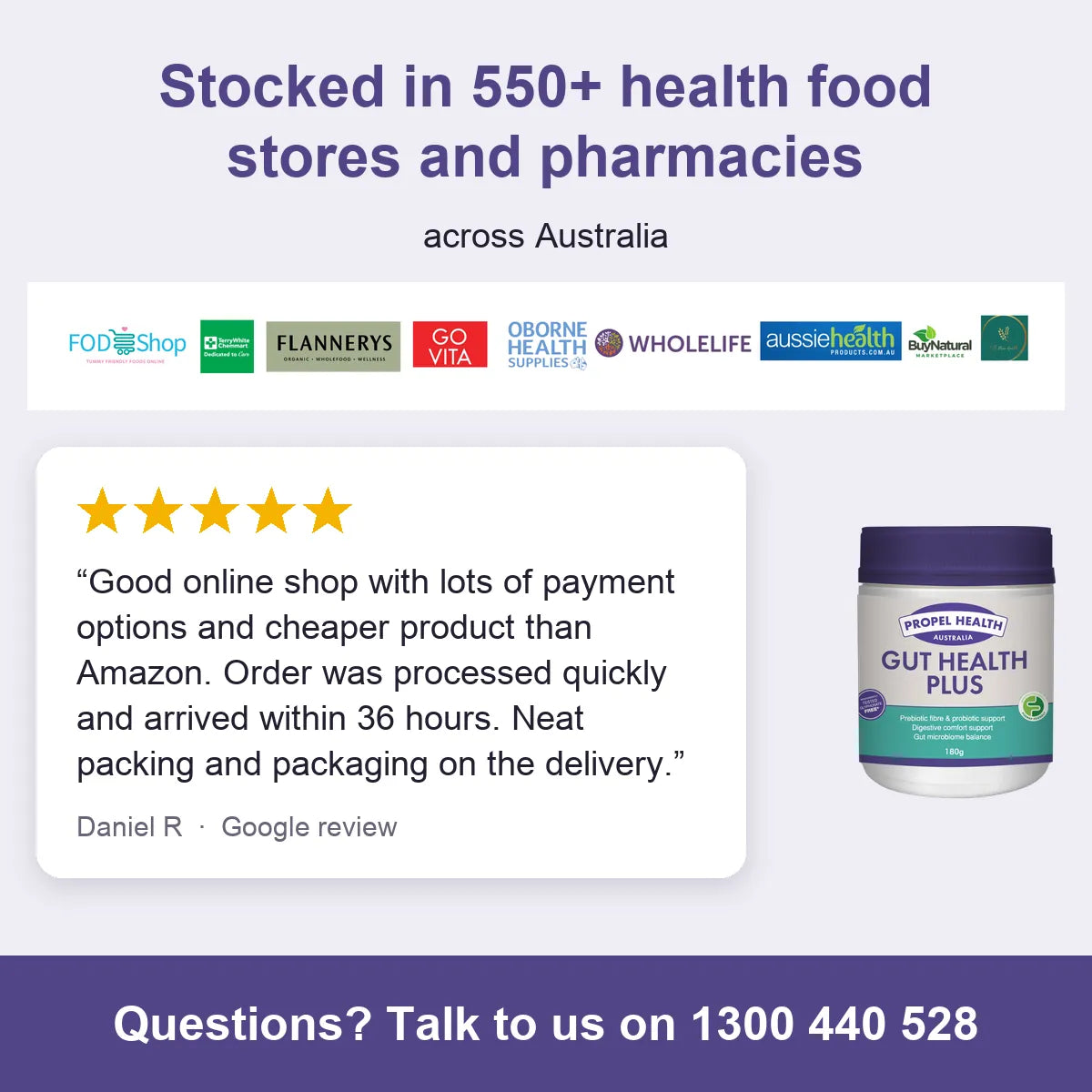 Gut Health Plus, stocked in 550+ health food stores and pharmacies, 5 star customer review