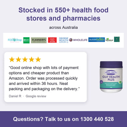 Gut Health Plus, stocked in 550+ health food stores and pharmacies, 5 star customer review