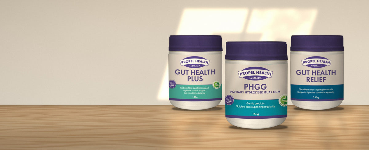 Propel Health Australia PHGG, Gut Health Plus and Gut Health Relief jars on an oak bench in morning light
