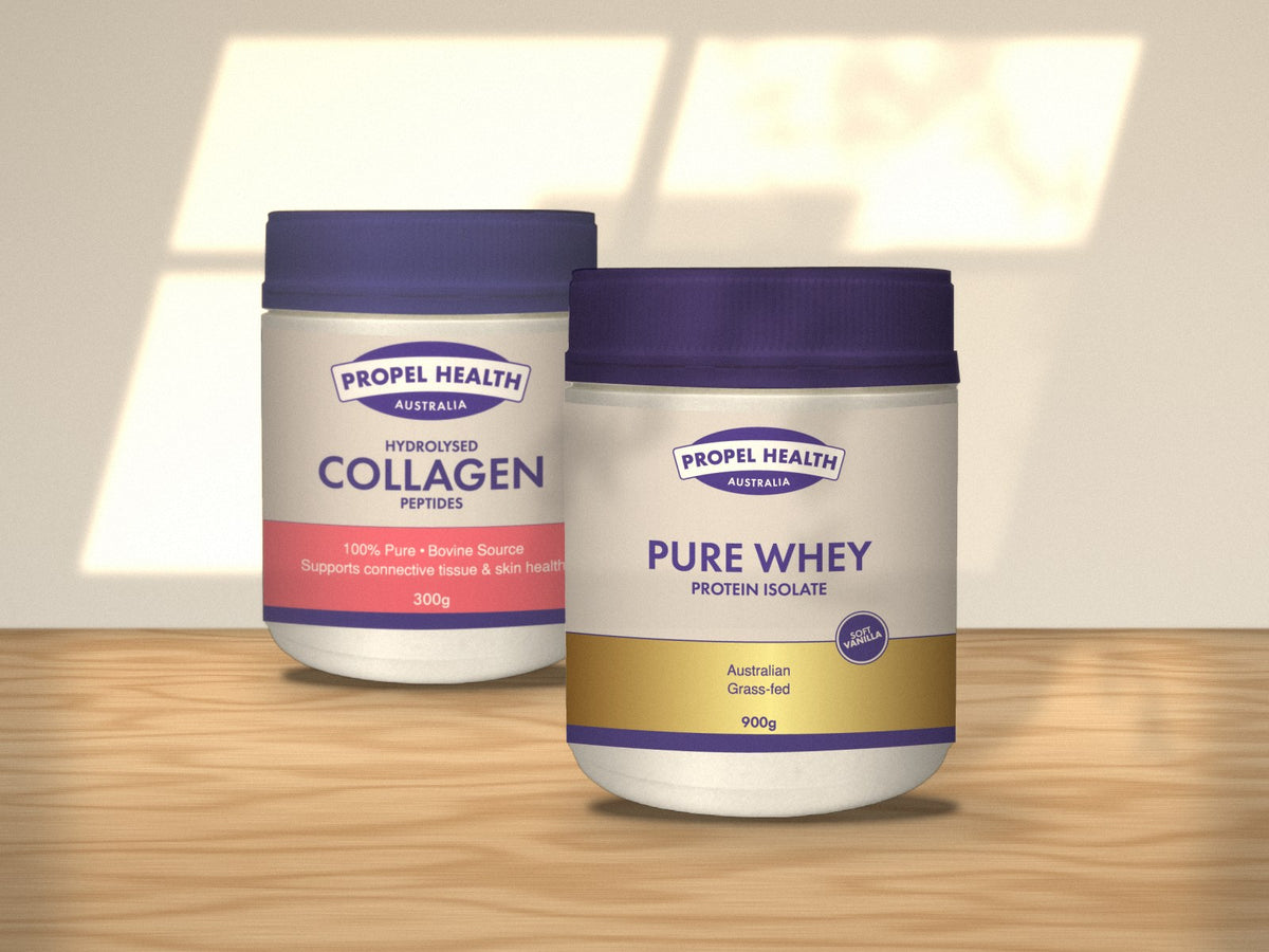 Propel Health Australia Pure Whey Protein Isolate and Hydrolysed Collagen Peptides jars on an oak bench