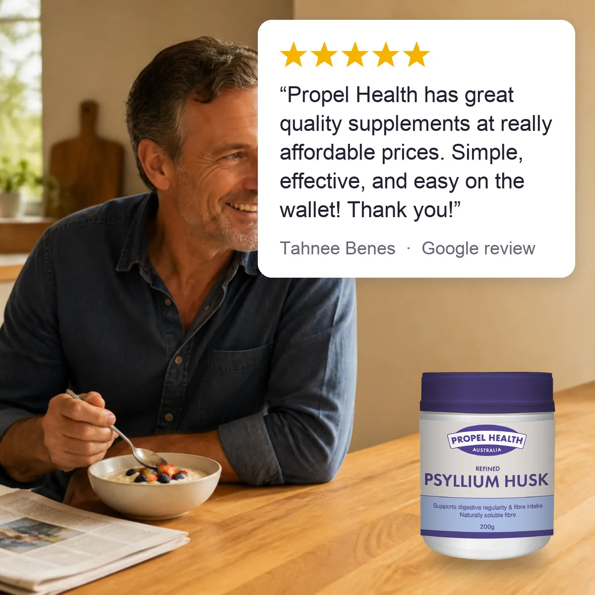 Psyllium Husk lifestyle, 5 star customer review